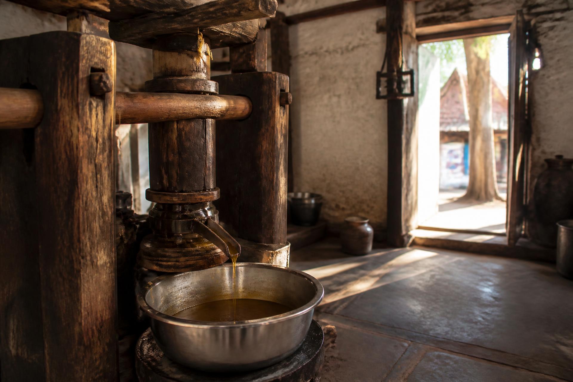 Traditional wooden chekku ganuga cold pressing oil in Kadapa